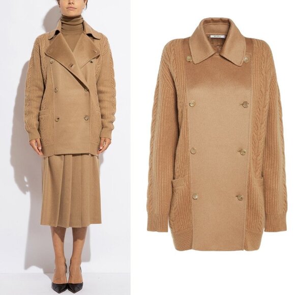 Max Mara Rumena Double Breasted Cashmere Cable Knit Coat Camel Large - Picture 1 of 12
